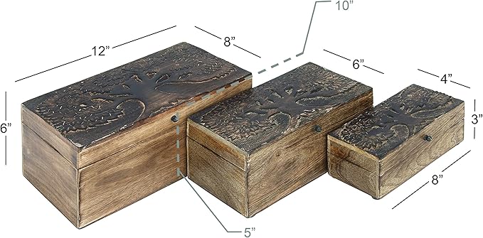 Deco 79 Mango Wood Floral Handmade Decorative Box Decorative Keepsake Boxes with Hinged Lid, Set of 3 Storage Boxes 8", 10", 12"W, Brown