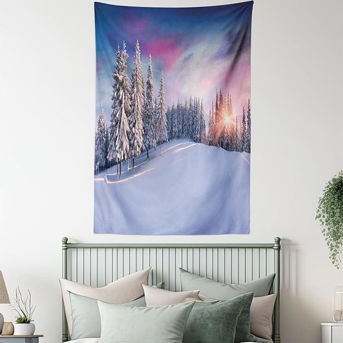 Ambesonne Winter Tapestry Queen Size, Idyllic Panorama of Winter Sunrise in Snow Covered Mountains Serenity Freshness, Wall Hanging Bedspread Bed Cover Wall Decor, 88" X 88", Pastel Lavender
