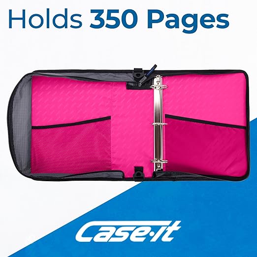 Case-it Universal Zipper Binder | 2-Inch O-Rings, 13-Inch Laptop/Tablet Padded Pocket, 400 Sheet Capacity, Multiple Storage Pockets & Shoulder Strap | School & Office Organizer | LT-007 Magenta
