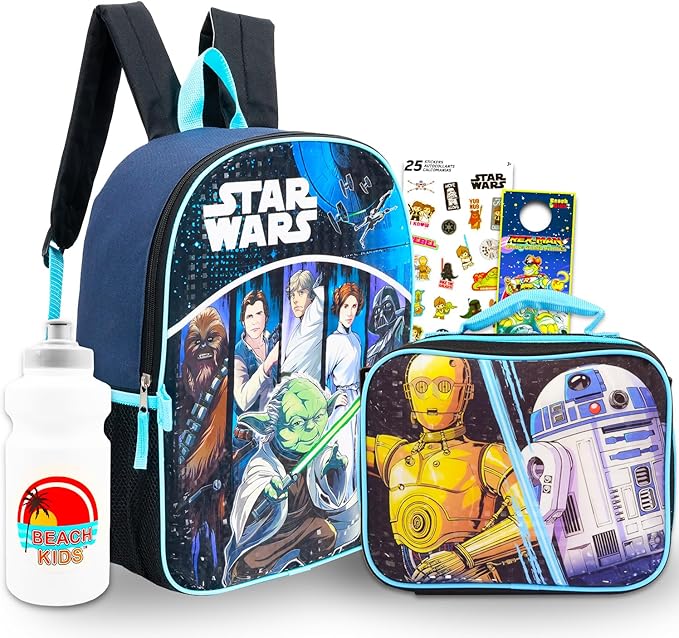 Star Wars Backpack with Lunch Box Set for Boys ~ Bundle with Deluxe 16" Backpack, Insulated Lunch Bag, Water Bottle, More | Star Wars School Supplies