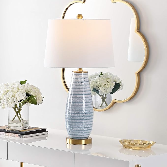 Safavieh Lighting Collection Eliana Blue Stripe Glass 27-inch Bedroom Living Room Home Office Desk Nightstand Table Lamp (LED Bulb Included)