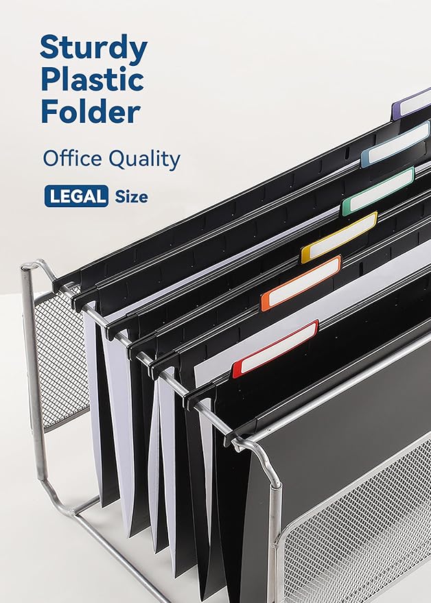 Plastic Legal Size Hanging File Folders, 12 Pack Black Hanging Folders, with Insertable 1/5-Cut Tabs for Filing Cabinets