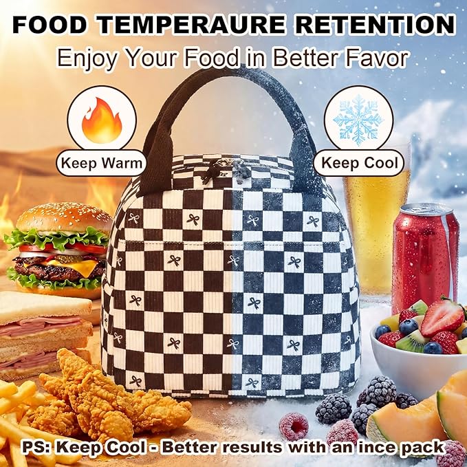 LEDAOU Lunch Box for Women Insulated Lunch Bag Corduroy Lunch Tote Bags Leakproof Cooler Lunch Case for Travel Work Picnic (Black Checkered Bow)