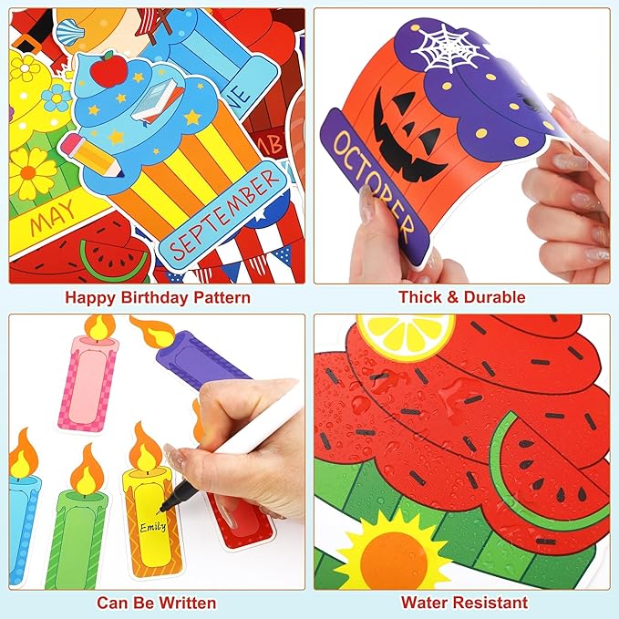 Aneco Happy Birthday Bulletin Board Decorations Cupcake Cutouts Border Trim Birthday Calendar Poster Party Supplies for School Home Wall Decor Supplies