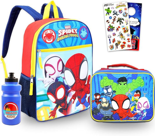 Marvel Spidey and His Amazing Friends Backpack Set - 5 Pc Spiderman School Supplies Bundle with 16” Backpack for Kids, Spidey Lunch Bag, Water Bottle, Stickers, and More | Spiderman Bag Pack