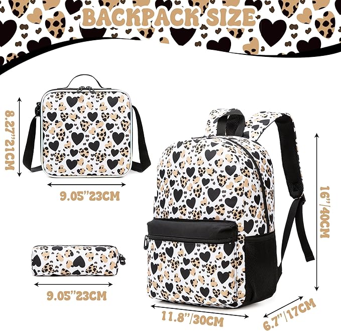Girls Backpack for School Backpack for Girls 8-10 Kids Backpacks with Lunch Box Leopard Print Schoolbag for Kids