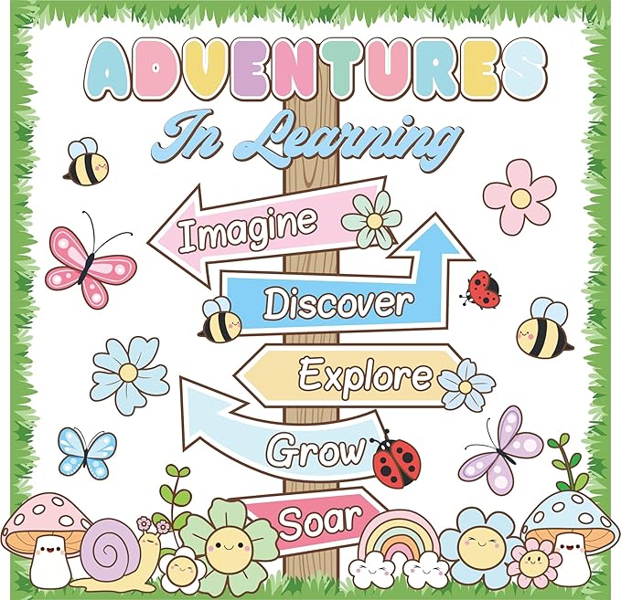Spring Bulletin Board Adventures in Learning Classroom Decoration Spring Flower Signpost Paper Cutouts Spring Bulletin Board Set for Teacher Classroom School Office Chalkboard Wall Supply