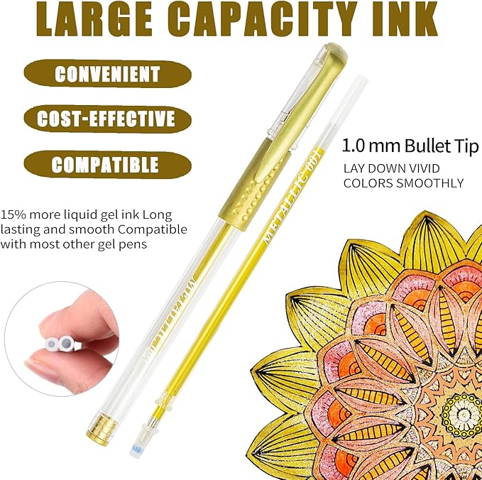 48 Pack Yellow Orange Gel Pens, 24 Colored Gel Pen with 24 Refills,40% More Ink Write Smooth for Adults Coloring Books Drawing Doodling Scrapbooks Bullet Journaling