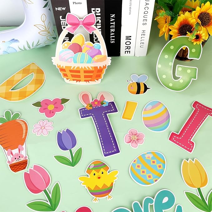 Konsait 67Pcs Easter Bulletin Board Decorations Set, Spring Flowers Borders 3D Eggs Cutouts for School Home Office, Easter Decorations