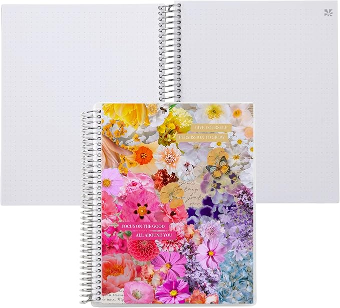 Erin Condren 7x9 Floral Collage Coiled Notebook - dot grid, platinum coil