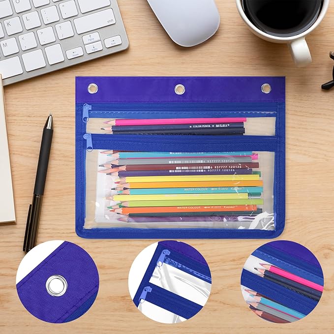 YoeeJob 6 Pack Zipper Pencil Pouches for 3 Ring Binder, 1.5 Inch Expandable with 2 Pockets and Clear Window for School and Office （Blue）