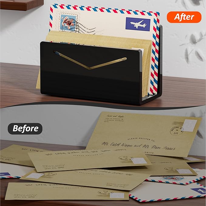 Acrylic Mail Holder, Black Acrylic File Letter Organizer, Vertical Envelope Mail Holder for Desk, Lightweight Countertop Bill Holding Sorter Letter Invoice Stand for Home Office School