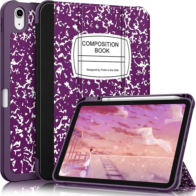 Fintie SlimShell Case for iPad (A16) 11th Generation 11 Inch (2025), iPad 10th Generation 10.9 Inch (2022) - Flexible Soft TPU Stand Back Cover with Pencil Holder, Composition Book Purple