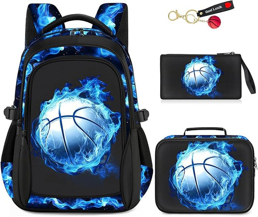 School Backpacks for Boys - 4pcs Basketball Boys Backpacks with Lunch Box Set for Kids Teens Elementary Middle School, 17″ Large Capacity Students Bookbag, Perfect for Travel