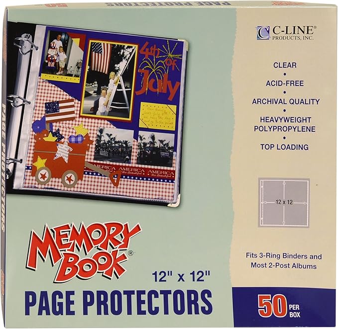 C-Line Memory Book 12 x 12 Inch Scrapbook Page Protectors, Clear Poly, Top Load, 50 Pages per Box (62227)