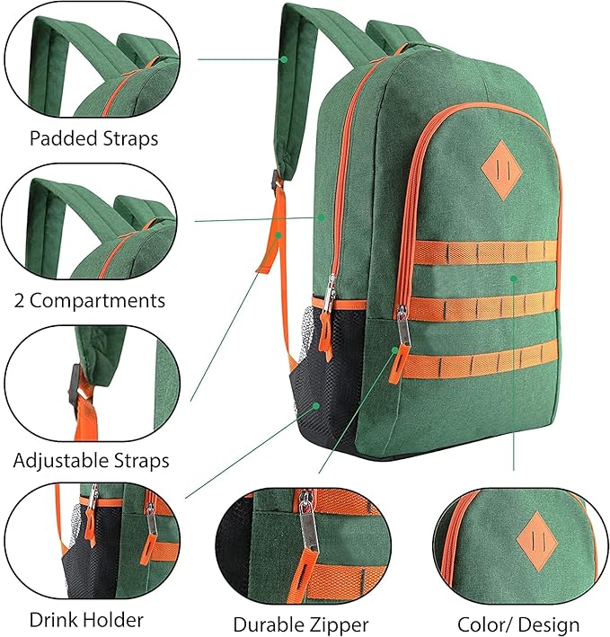 Moda West 12-Pack 19” Sport Backpacks with 50 Piece School Supplies Kits - Pens, Pencils, Crayons – Bulk Bundle for Elementary, Middle, and High School Students, 4 Assorted Styles