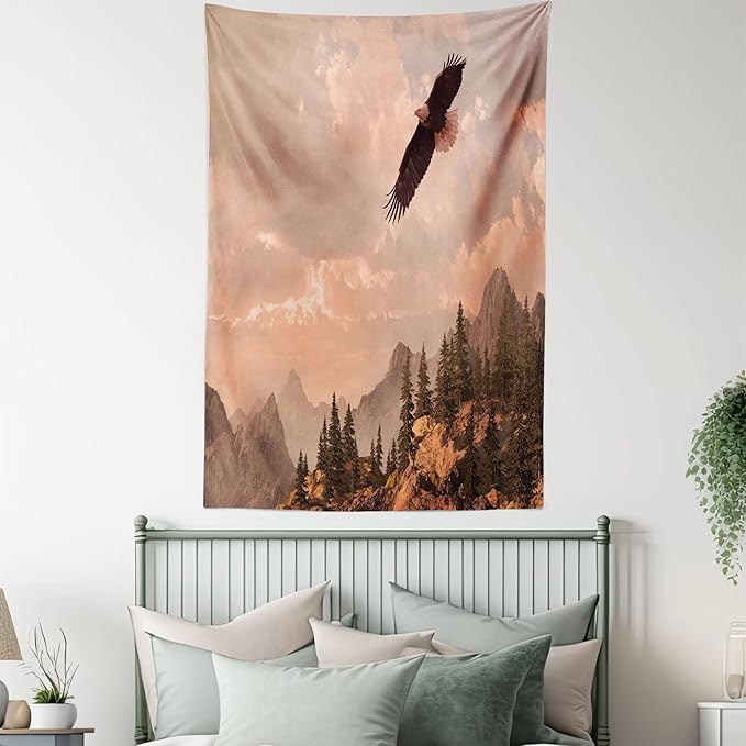 Ambesonne Eagle Tapestry, Nature Photography of Rocky Mountains and Forest a Bird Flying over It, Wall Hanging for Bedroom Living Room Dorm Decor, 40" X 60", Rose Green