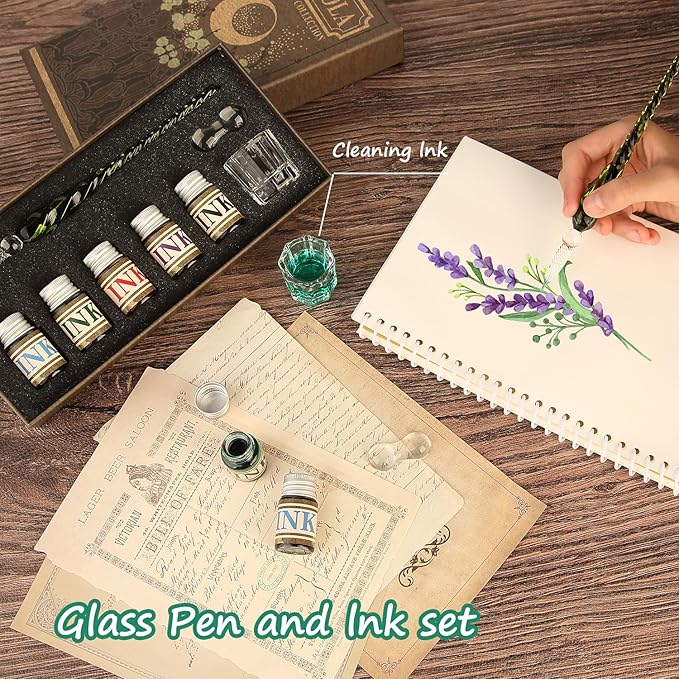 Mancola Glass Dipped Crystal Calligraphy Pen Set with 5 Colorful India Ink, 1 Pen Holder, 1 Cleaning Cup, Ink Drip Tool, Signatures, Drawing, Decoration Kits for Beginners