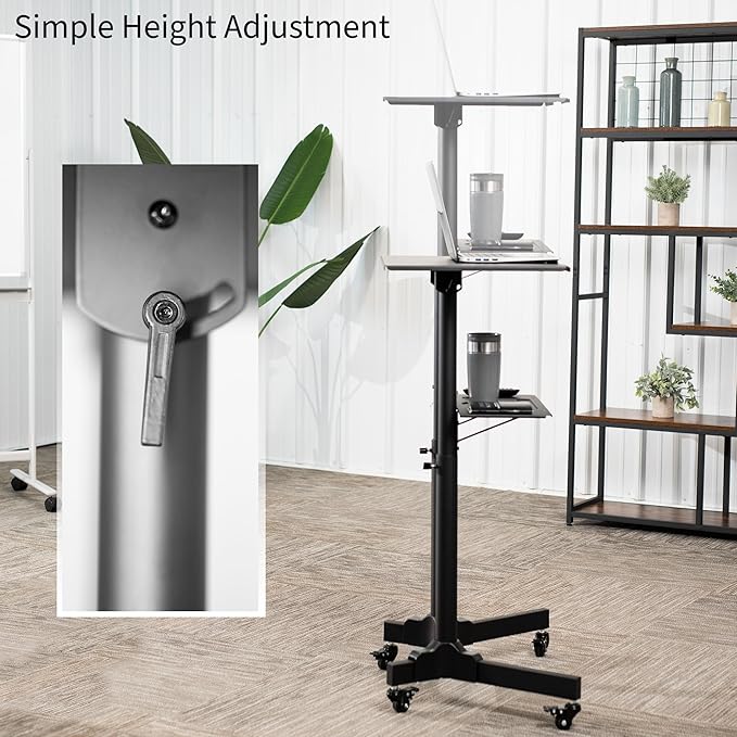 VIVO Mobile 24 x 16 inch Lectern Podium, Height Adjustable Steel Rolling Laptop Cart on Wheels, Black, CART-V03E