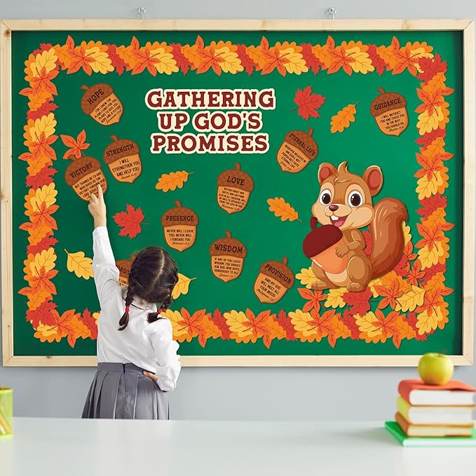 Sayglossy 105 Pcs Fall Thanksgiving Religious Bulletin Board Set Classroom Decorations Squirrel Cutouts Autumn Gathering up God's Promises Christian for Sunday School Church Decor