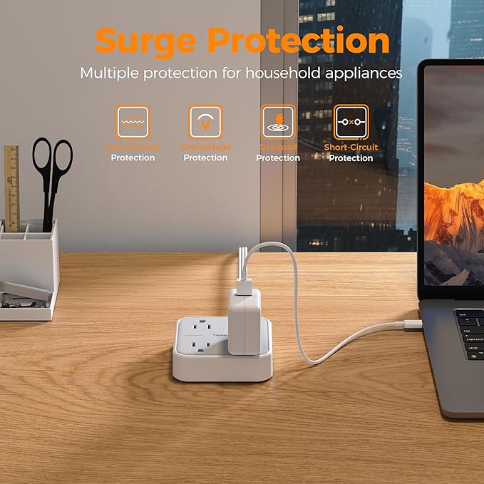 Extension Cord Flat Long Power Strip 15 FT, TESSAN Surge Protector Power Strip with USB Ports (1 USB C), Flat Wall Outlet Extender with 3 Outlets for Home, Office, School, Dorm Room Essentials