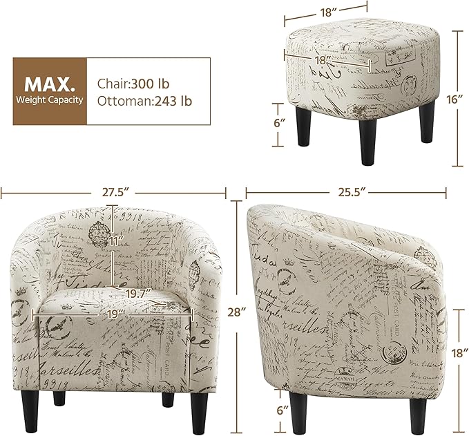 Yaheetech Accent Chair with Foot Rest, Mid Century Modern Upholstered Soft Barrel Chair, Comfy Fabric Armchair and Footrest Set for Living Room/Bedroom/Reading Room, Set of 2 Letter Print
