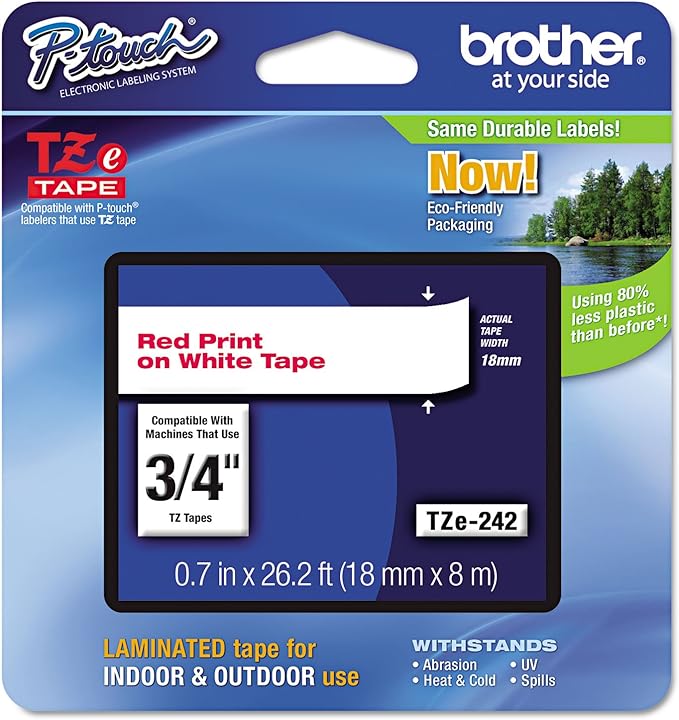 Brother Genuine P-Touch TZE-242 Tape, 3/4" (0.7 mm) Standard Laminated P-Touch Tape, Red on White, Laminated for Indoor or Outdoor Use, Water-Resistant, 26.2 ft (8 m), Single-Pack