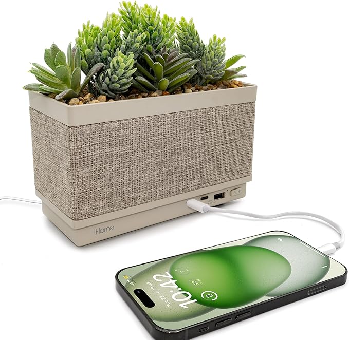 iHome PowerPlant Charging Station with Bluetooth Speaker, Faux Succulent with USB Charging Station for iPhone, Android, and More (iPP60)
