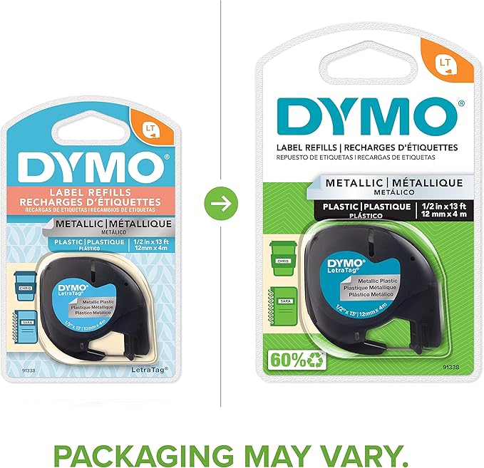 DYMO LetraTag Labeling Tape for LetraTag Label Makers, Black print on Metallic Silver tape, 1/2'' W x 13' L