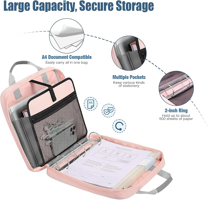 MoKo Zipper Binder, 2 Inch 3 Ring Binder with Zipper,500 Sheets Capacity Zipper Binders with Shoulder Strap & Handle,Multi-Pocket Zipper Bag Organizer for Middle School, Pink & Gray