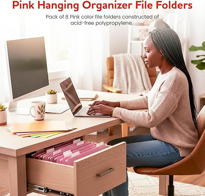 Pink Hanging File Folders – 8 Pack, Letter Size File Organization Folders for Home, Office, School & Filing Cabinets