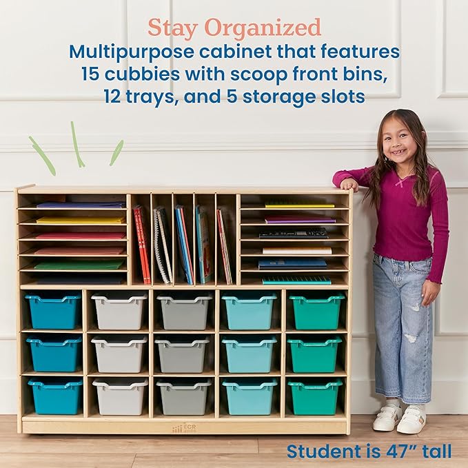 ECR4Kids Multi-Section Mobile Tray Cabinet and 15 Scoop Front Bins, Kids Furniture, Contemporary