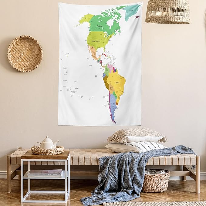 Ambesonne Map Tapestry, Map of South and North America with Countries Capitals and Major Cities Colorful Design, Fabric Wall Hanging Decor for Bedroom Living Room Dorm, 30" X 45", Green White