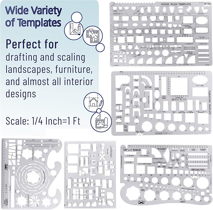 Mr. Pen- Professional Drafting Tools & Geometry Set with Case, 17 pcs, Mechanical Pencil, Fineliners, Scale Metal Ruler, Drawing Templates for Interior Design House Plan, Architect Protractor Set