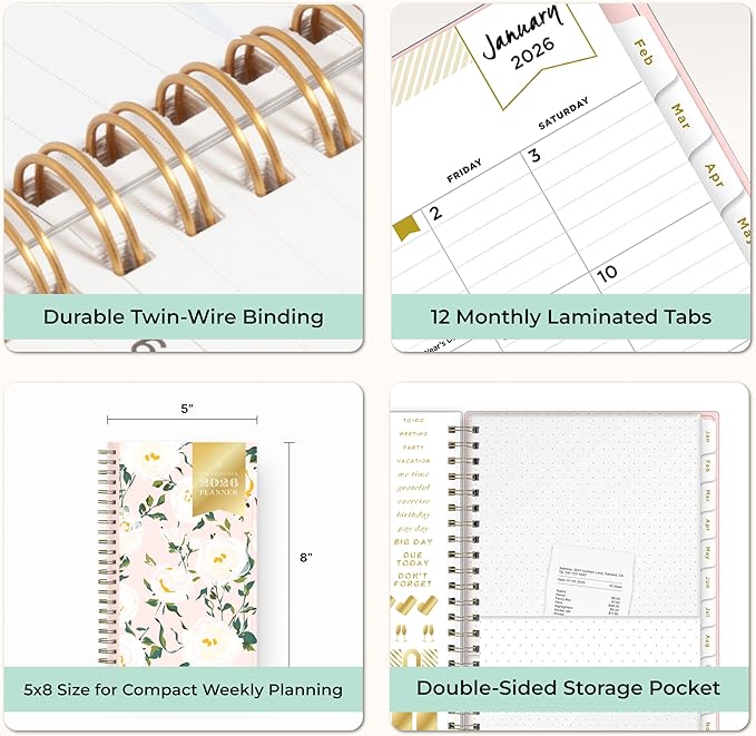 Blue Sky Day Designer 2026 Weekly and Monthly Planner Calendar, January 2026 - December 2026, 5" x 8", Clear Pocket Cover, Durable Twin Wire Binding, Includes Storage Pocket, Stickers, Coming Up Roses