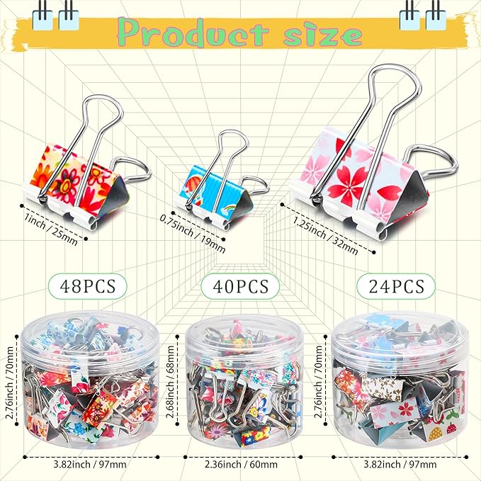 Cholemy 112 Pcs Cute Binder Clips With Box - 3 Sizes Floral Office Supplies Colored Large Medium Small Assorted Size Metal Decorative Paper Clips for Office School, 0.75 Inch, 0.98 Inch, 1.26 Inch