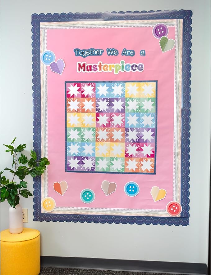 Carson Dellosa Crafty and Cool 54-Piece Together We are a Masterpiece Motivational Bulletin Board Set, Colorful Quilt Squares and Denim Strips Classroom Decor