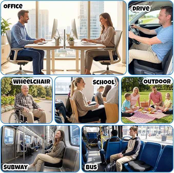 Ergonomic Seat Cushion with Memory Foam for Office Chair, Car Seat, Non-Slip Cushion, Sciatica & Tailbone Relief, Breathable Mesh Cover, Portable Handle - Black