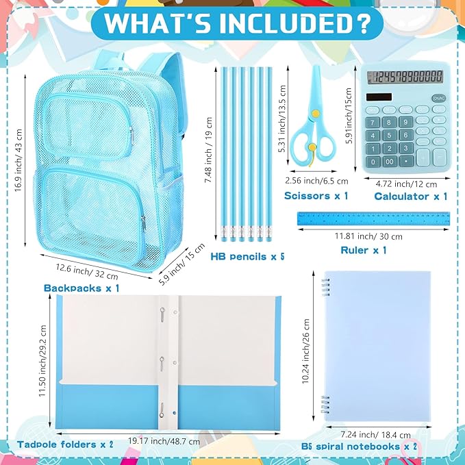13 Piece Operation Christmas Bulk Item, 17" Mesh Backpack Semi Transparent Heavy Duty, Notebook for Holiday Donation(Blue)