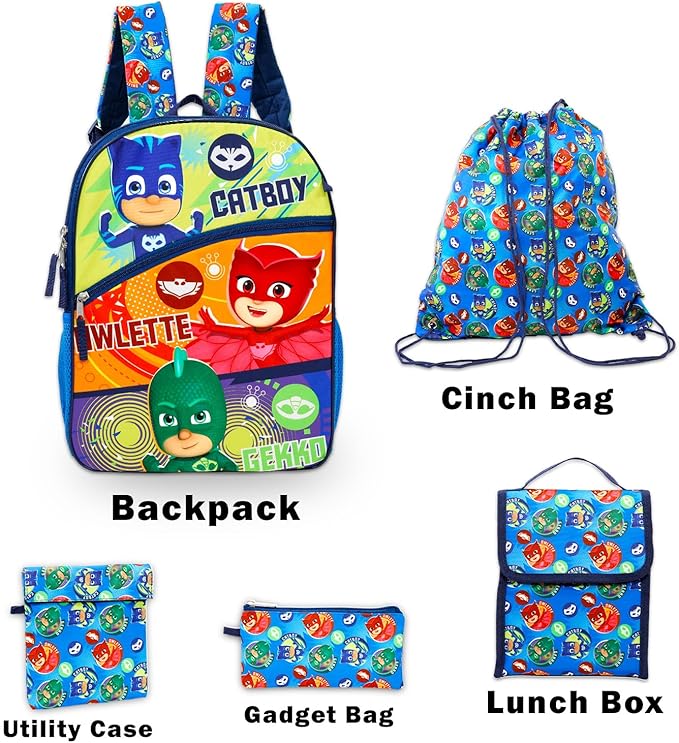 Disney PJ Masks School Backpack with Lunch Box for Kids - 5 Pc Bundle with 16" Backpack, Cinch Bag, Lunch Bag, Pencil Holder, Stickers, More | PJ Masks School Bag Set