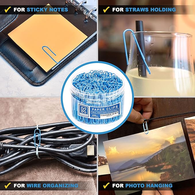 450 Blue Color Paper Clips Assorted Sizes Small, Medium and Large Paper Clips for Paperwork Ideal for Home, School and Office Use (Assorted, Blue)