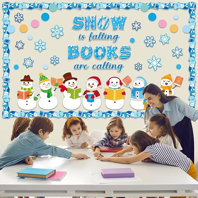 Winter Reading Bulletin Board Decoration Set Snowman Snowflake Classroom Decoration Snow is Falling Books are Calling Paper Cutouts Christmas Bulletin Board for School Home Wall Holiday Supplies