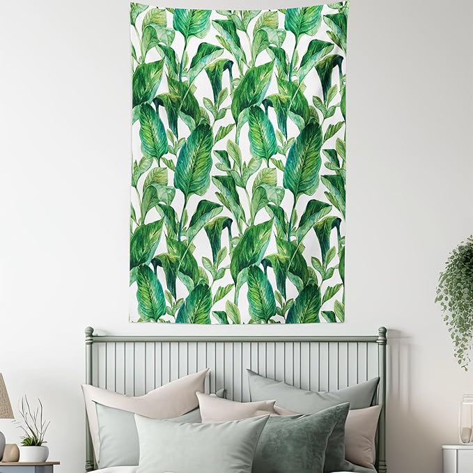Ambesonne Leaf Tapestry Twin Size, Romantic Holiday Island Hawaiian Banana Trees Watercolored Image, Wall Hanging Bedspread Bed Cover Wall Decor, 68" X 88", Forest Green