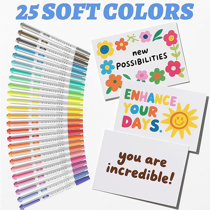 Double Ended Highlighters with Soft Chisel Tip, 25-Pack Quick Dry Assorted Colors, Pastel Highlighters Set for School/Office Journaling, Bible Assorted Colors