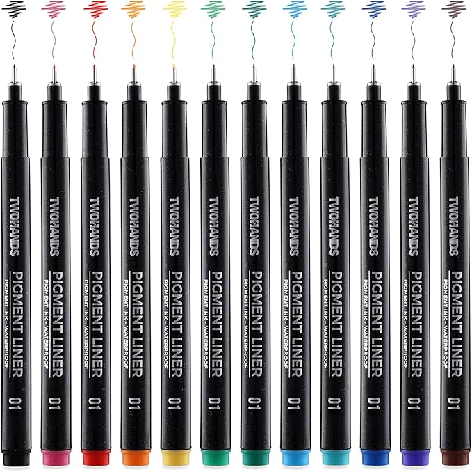 TWOHANDS Drawing Micro Art Pens Marker Pen Colors 01, Fineliner Ink Pens,Set of 12 Technical Drawing pen 0.25mm,Pigment Pen,colord,Waterproof,NO-bleed for Art Watercolor,Sketching,Anime,Manga, 21281