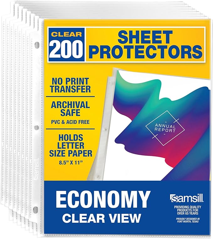 Samsill 200 Pack Sheet Protectors, 8.5x11 Inch Page Protectors for 3 Ring Binder, Standard Weight, Clear Protector, Letter Size, Top Loading, Acid Free (Pack of 10)