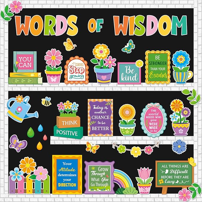 57 Pcs Spring Floral Bulletin Board Set Inspirational Flower Bulletin Board Decoration Positive Cutout Classroom Decoration for School Office Home Teacher Classroom Wall Supplies