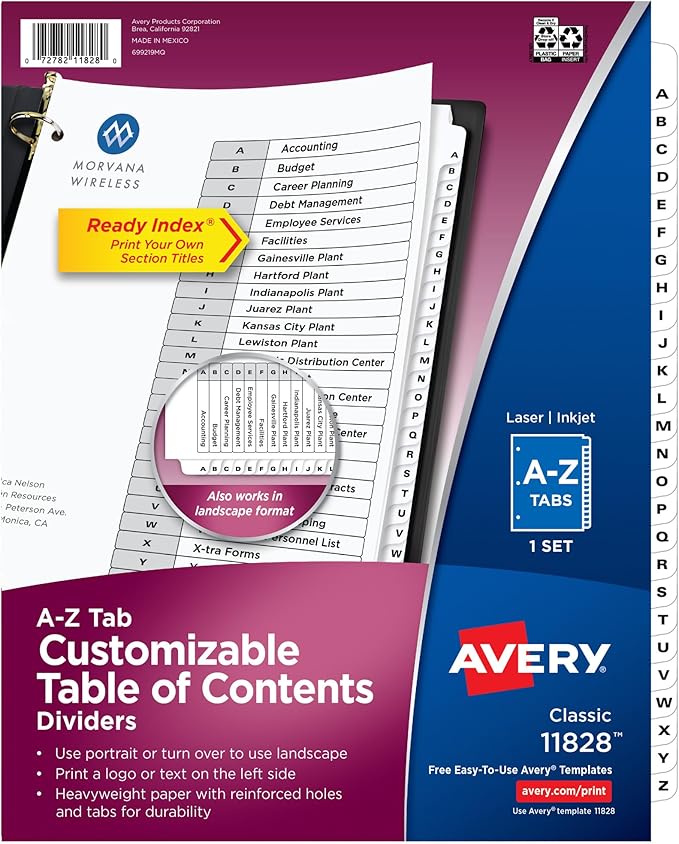 Avery A-Z 26 Tab Dividers for 3 Ring Binders, Customizable Table of Contents, Classic White Tabs, 1 Set (11828)