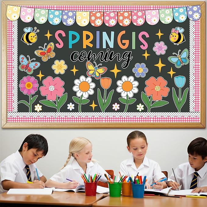 61 Pcs Spring Bulletin Board Decorations - Spring is Coming Cutouts Flower Butterfly Bird Bee Bulletin Board Border for School Classroom Home Décor