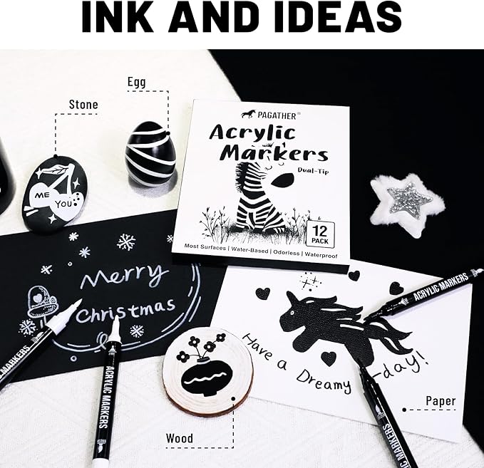Black and White Acrylic Paint Markers, 12 Pack Dual Tip with Fine Tip and Brush Tip Pens for Stone, Wood, Calligraphy, Canvas, Ceramic, Metal, Glass, Rock Painting, DIY Crafts